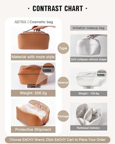 ABTRIX WITH AB Travel Makeup Bag,Large Capacity Cosmetic Bags for Women, Waterproof Portable Pouch Open Flat Toiletry Bag Make up Organizer with Divider and Handle, Brown Color