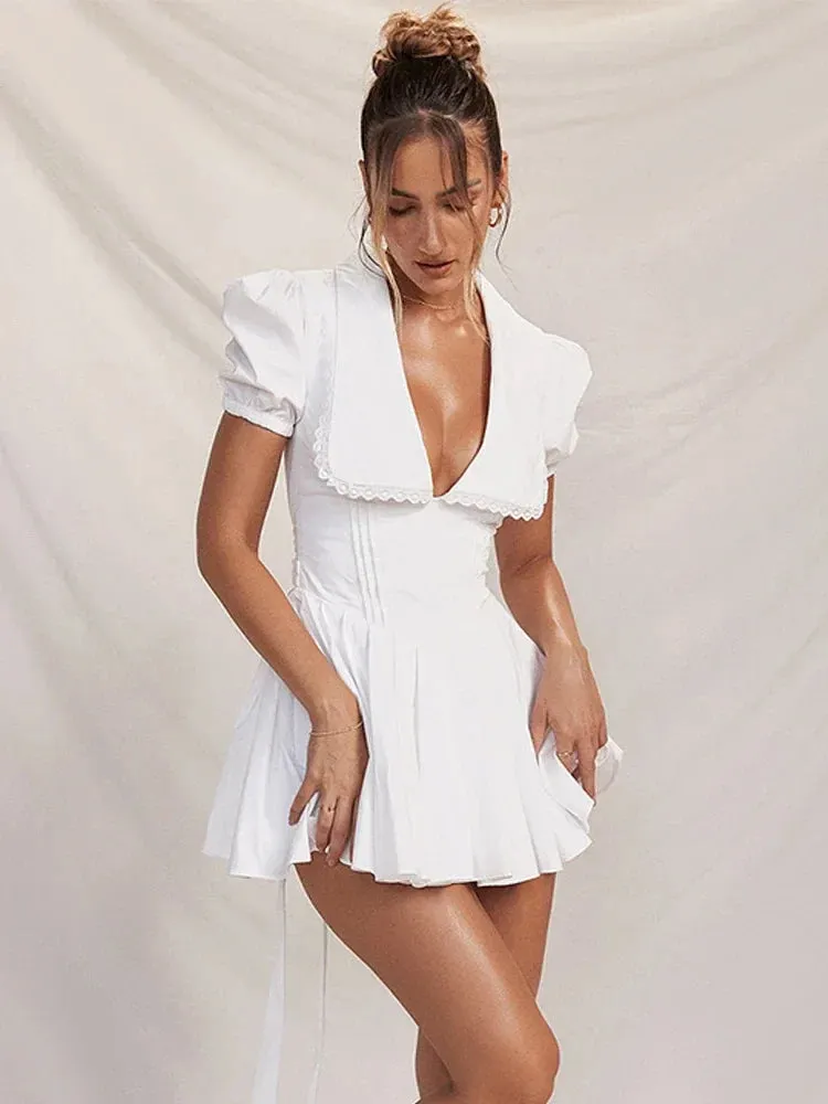 Amozae-hoco dresses  Summer White Puff Sleeve Dress Mini A Line Dollar Collar Party Holiday Dress Casual Short Sleeve Women's Dress 2024