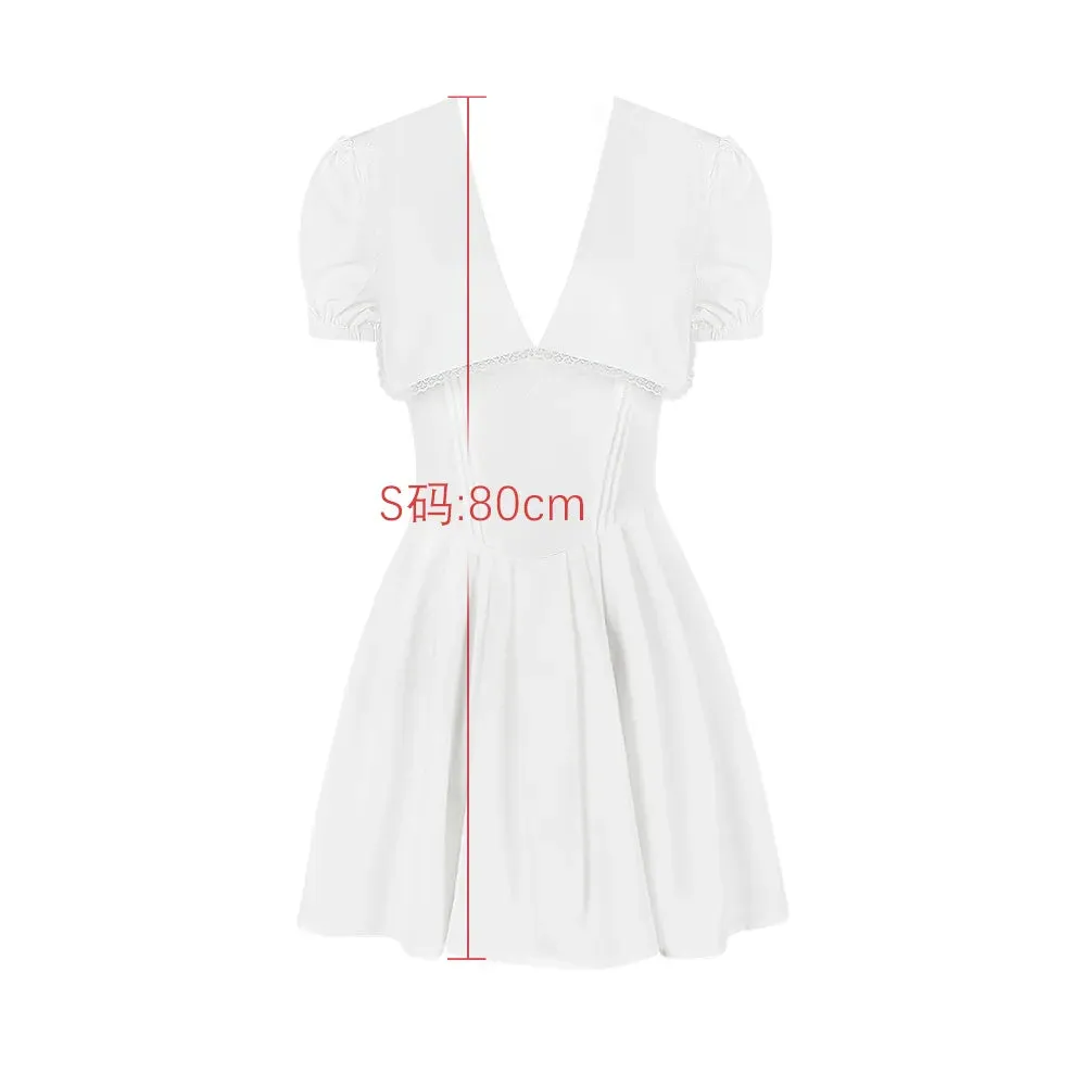 Amozae-hoco dresses  Summer White Puff Sleeve Dress Mini A Line Dollar Collar Party Holiday Dress Casual Short Sleeve Women's Dress 2024