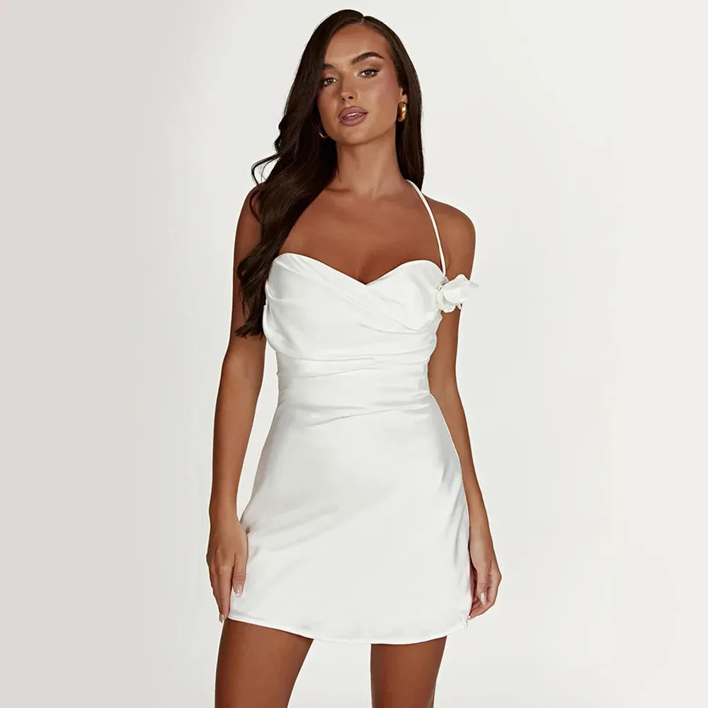 Amozae-hoco dresses Suninheart Summer White Appliques Party Dress Mini A Line Satin Halter Dress Sexy Strechy Women Dress 2024 New Arrivals