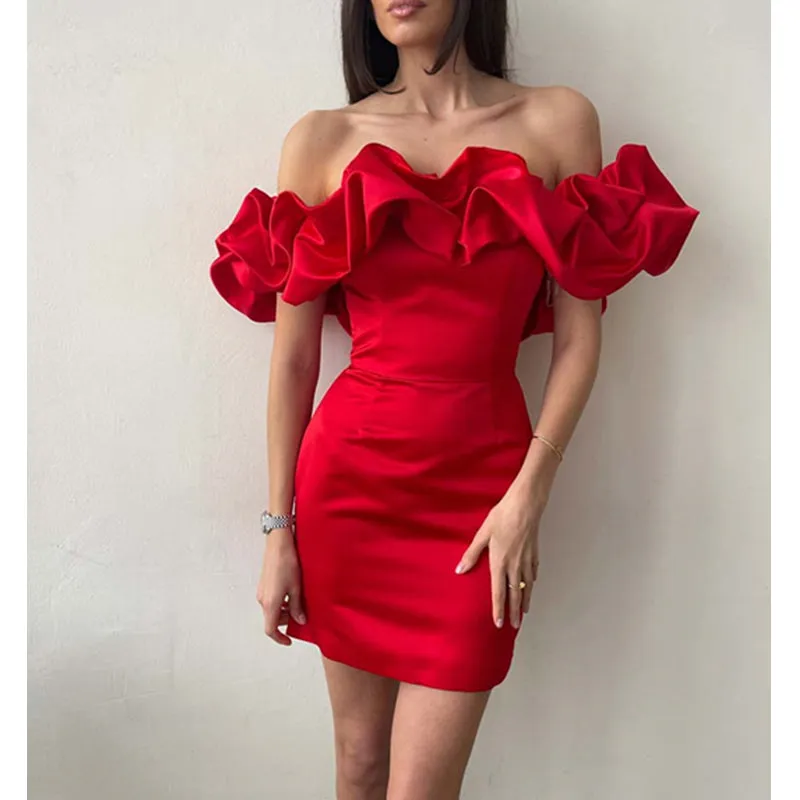 Amy Fashion - Bodycon Solid Color Ruffled Off-shoulder Dress