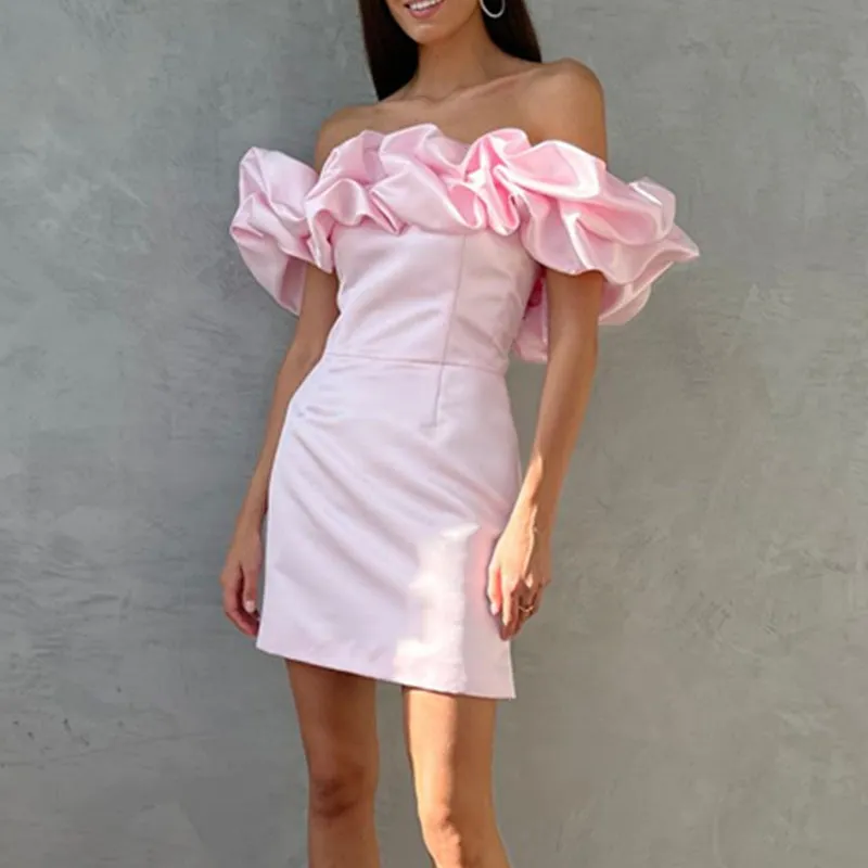 Amy Fashion - Bodycon Solid Color Ruffled Off-shoulder Dress