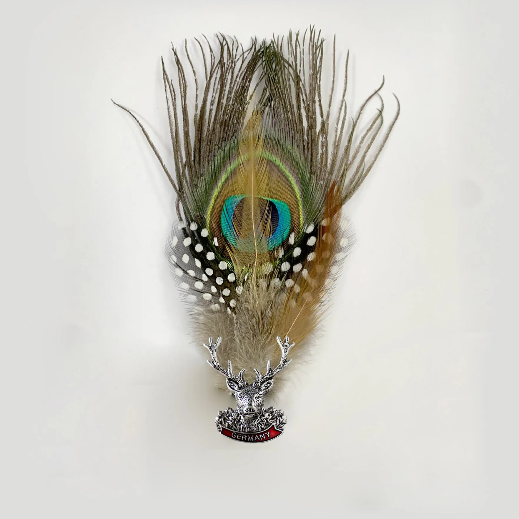 Bavarian Festival Peacock Feather Hat Pin with Accents & Alpine Stag Charm Wool Hat Fedora Pin