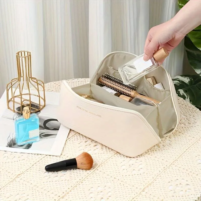 BLUE BEADS 2pcs Women PU Leather Cosmetic Bag with Makeup Brush Bag Multifunction Toiletries Organizer Portable Travel Waterproof Makeup Pouch Toiletry Bag for Women and Girls (Beige)