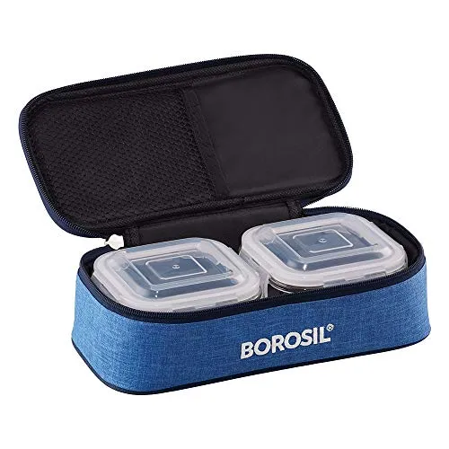 Borosil Prime Glass Lunch Box Set of 2, 320 ml, Horizontal, Microwave Safe office Tiffin, Blue, Transparent