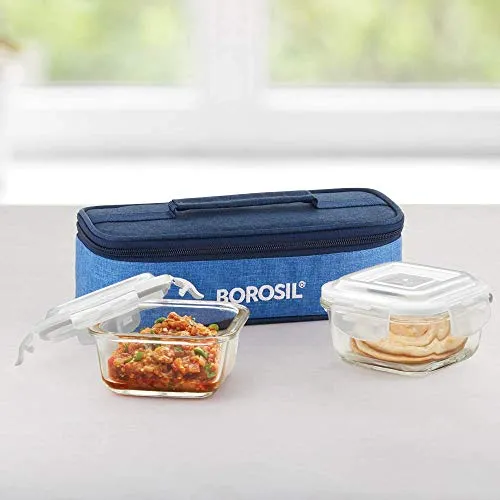 Borosil Prime Glass Lunch Box Set of 2, 320 ml, Horizontal, Microwave Safe office Tiffin, Blue, Transparent