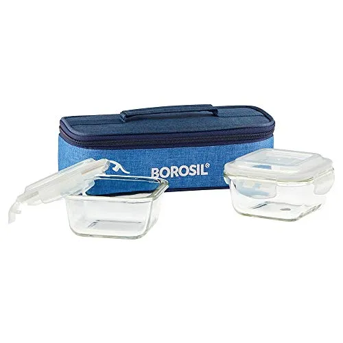 Borosil Prime Glass Lunch Box Set of 2, 320 ml, Horizontal, Microwave Safe office Tiffin, Blue, Transparent