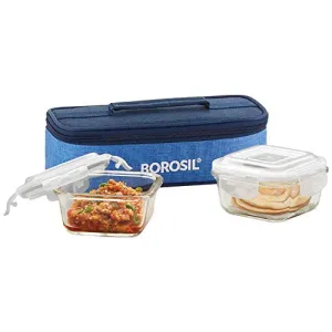 Borosil Prime Glass Lunch Box Set of 2, 320 ml, Horizontal, Microwave Safe office Tiffin, Blue, Transparent