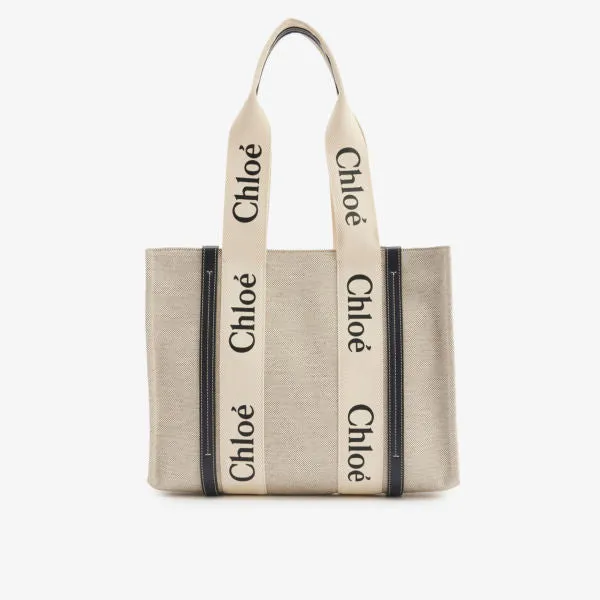 Chloe Medium Woody Linen Tote Bag, White