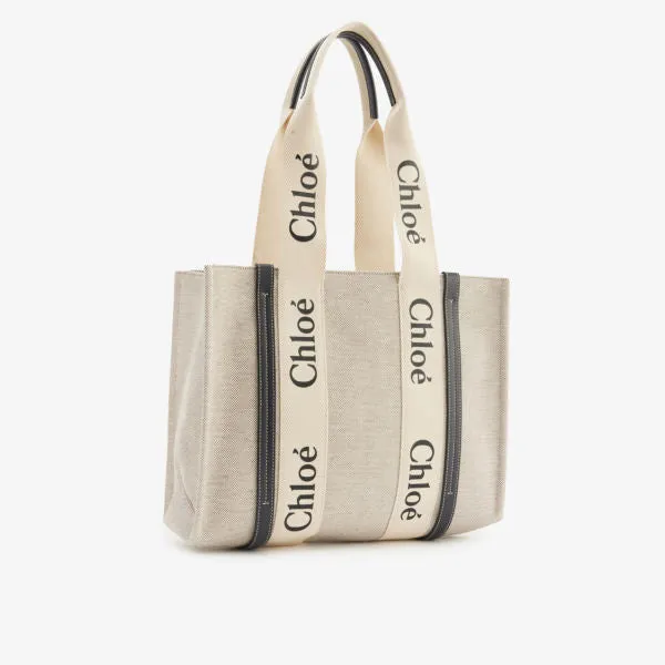 Chloe Medium Woody Linen Tote Bag, White