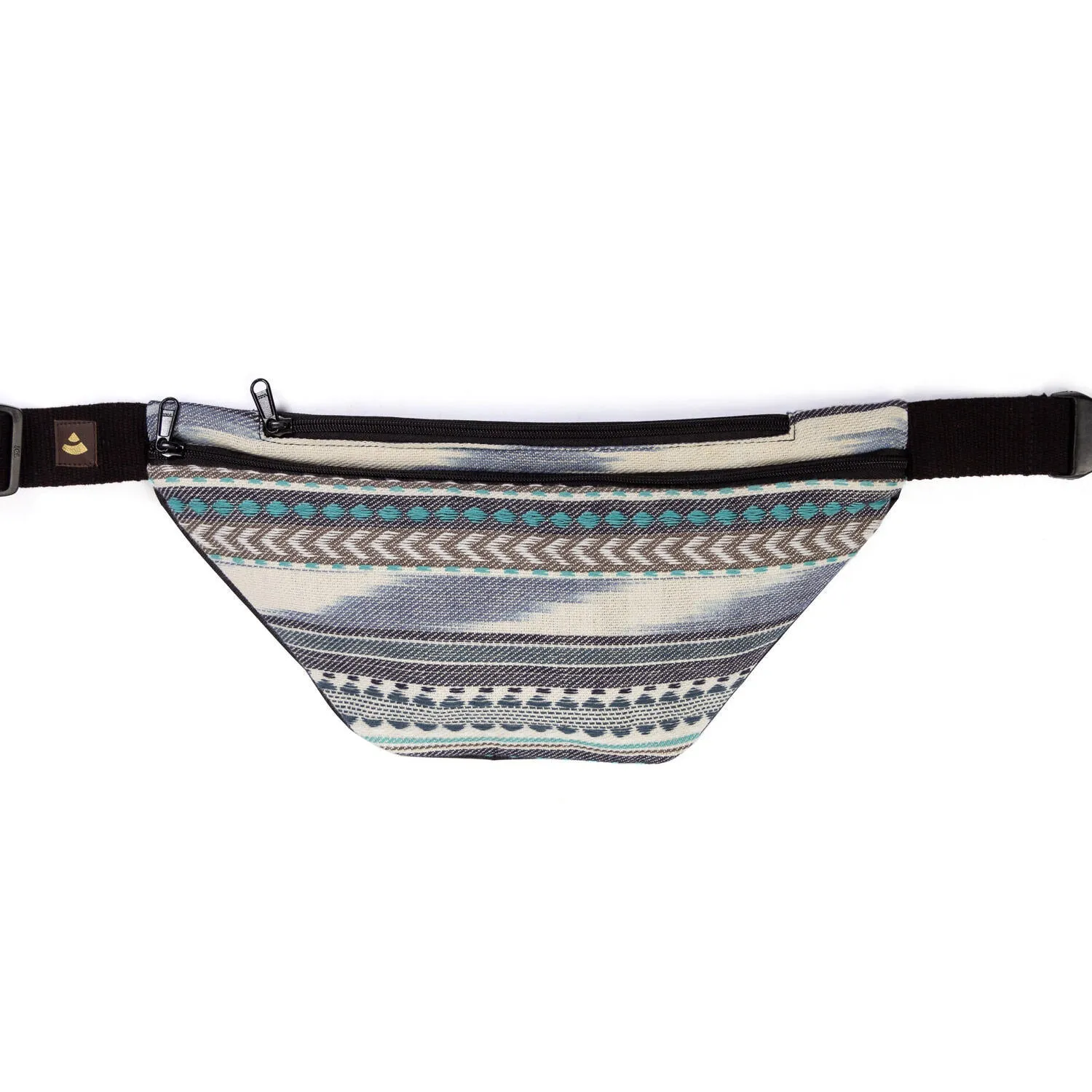 ETHNO collection: belt bag in ikat fabric with black pattern white and blue colors.  BODHI, black