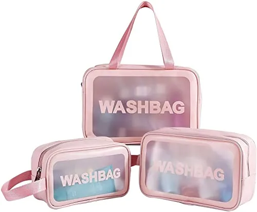 FLYNGO Clear Makeup Pouch Set, Cosmetic Organizer Bag for Women and Girls Travel Waterproof Toiletry Storage Kit (Set of 3 Light Pink)