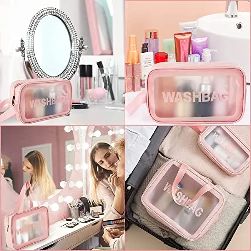 FLYNGO Clear Makeup Pouch Set, Cosmetic Organizer Bag for Women and Girls Travel Waterproof Toiletry Storage Kit (Set of 3 Light Pink)