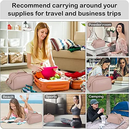 FLYNGO PU Leather Large Makeup Pouch Travel Organizer Cosmetic Bag for Women, Girls Waterproof Makeup Storage Kit (Light Pink)