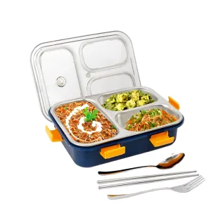 FUNVERSE Lunch Box for Adults - Lunch Box for Kids - with Spoon & Fork - Stainless Steel Lunch Box with 3 Compartment - Durable Perfect Size for On-The-Go Meal, BPA-Free (Blue)(3 Compartment)