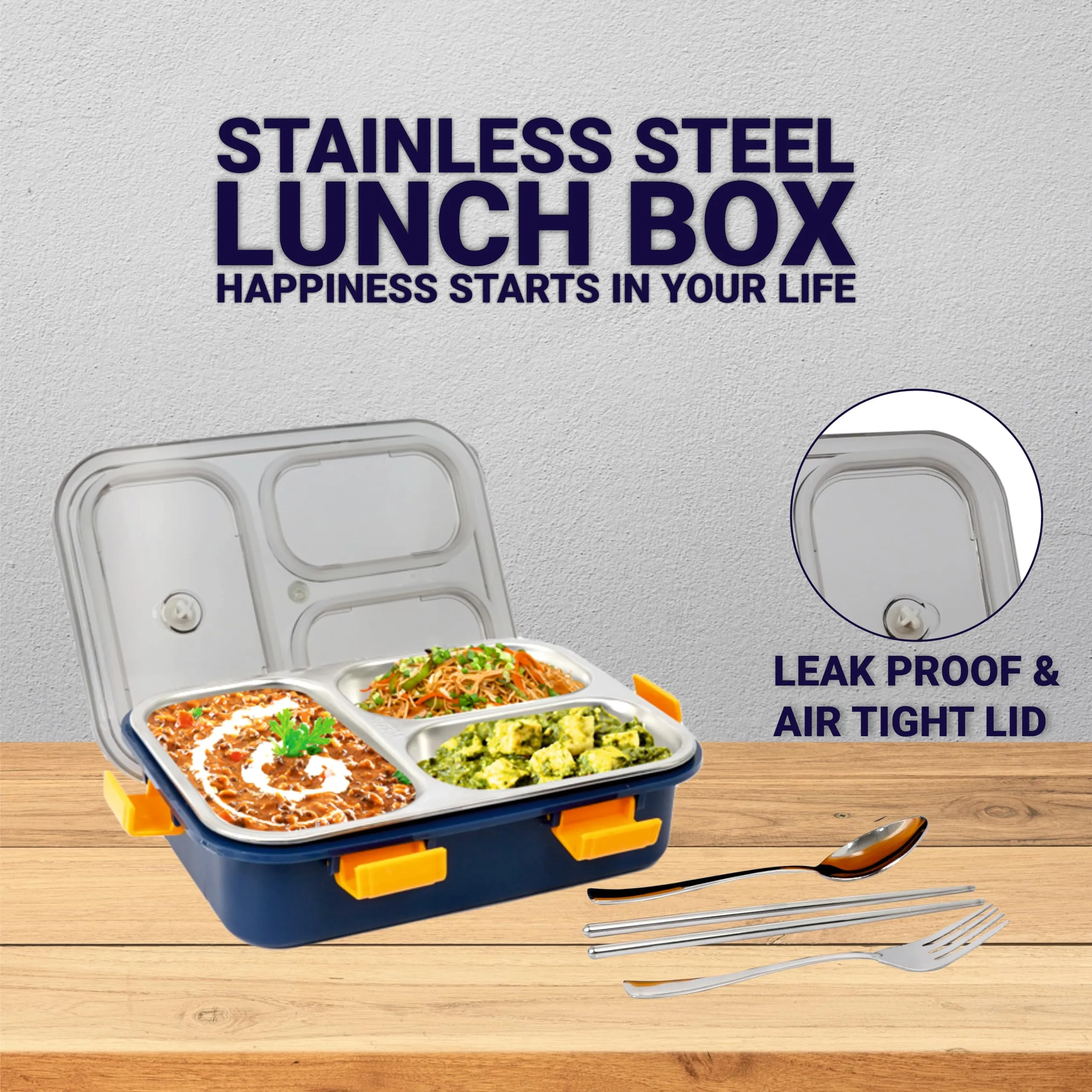 FUNVERSE Lunch Box for Adults - Lunch Box for Kids - with Spoon & Fork - Stainless Steel Lunch Box with 3 Compartment - Durable Perfect Size for On-The-Go Meal, BPA-Free (Blue)(3 Compartment)