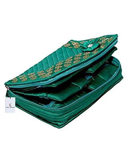 Kuber Industries Cotton Quilted Jewellery Box|Designer Case With Zipper Closure|2 Large & 4 Small Pockets|Size 25 x 15 x 7 Cm, Pack of 1(Green)