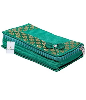 Kuber Industries Cotton Quilted Jewellery Box|Designer Case With Zipper Closure|2 Large & 4 Small Pockets|Size 25 x 15 x 7 Cm, Pack of 1(Green)