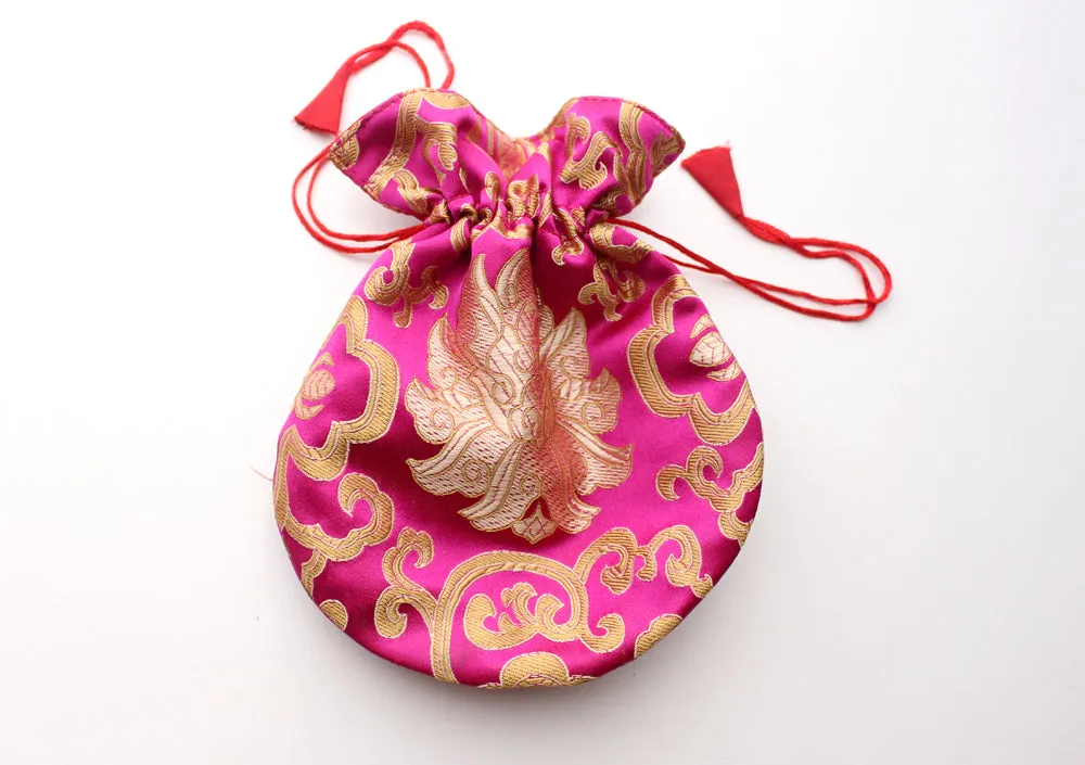 Large Hongkong Silk Drawstring Pouch with Lotus Floral Motifs, Coin Pouch