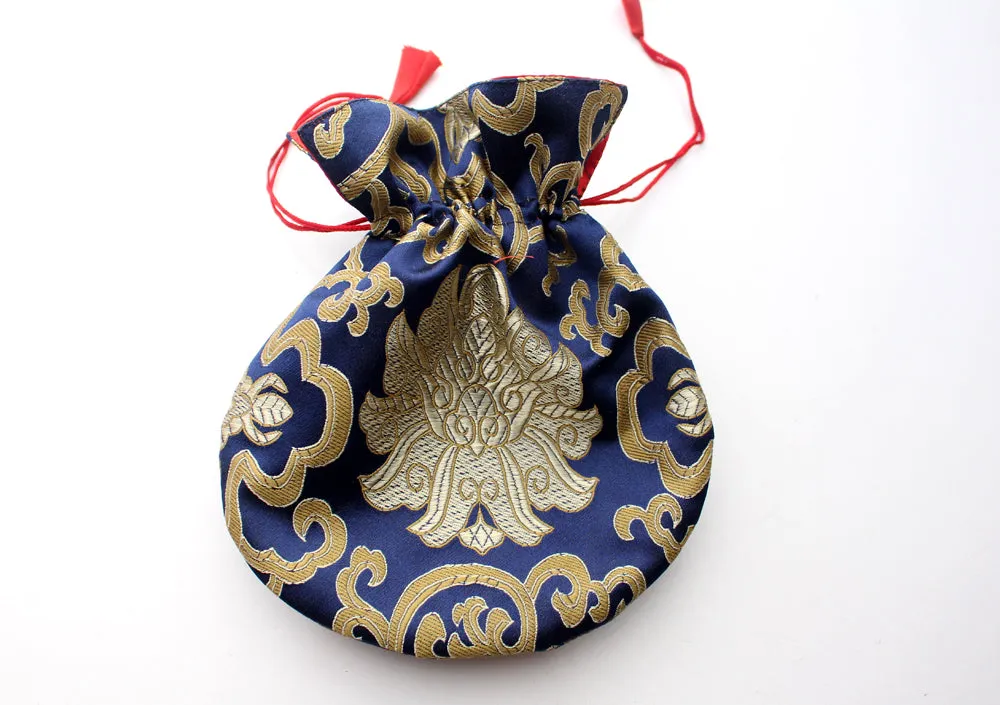 Large Hongkong Silk Drawstring Pouch with Lotus Floral Motifs, Coin Pouch