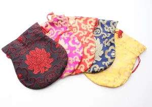 Large Hongkong Silk Drawstring Pouch with Lotus Floral Motifs, Coin Pouch