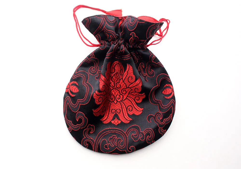 Large Hongkong Silk Drawstring Pouch with Lotus Floral Motifs, Coin Pouch