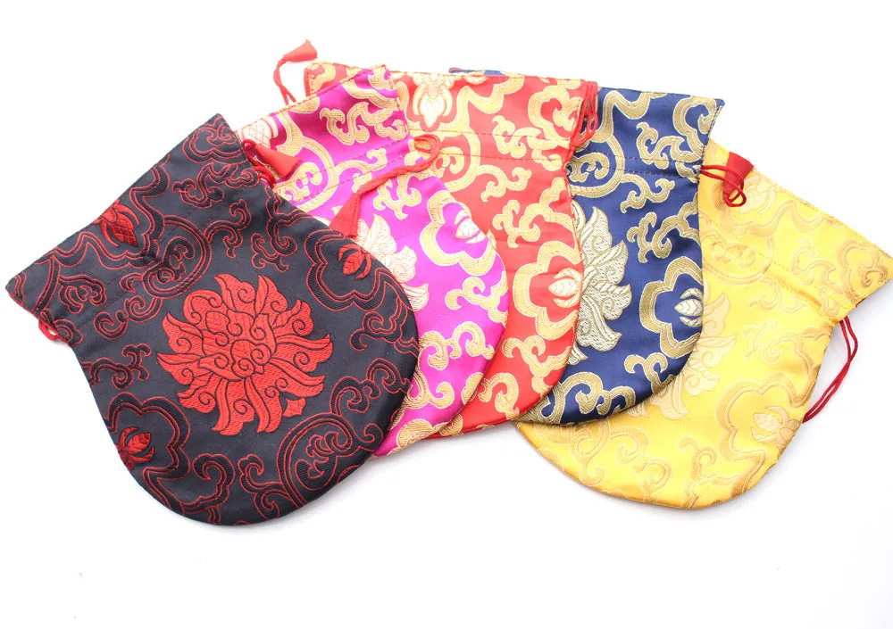 Large Hongkong Silk Drawstring Pouch with Lotus Floral Motifs, Coin Pouch