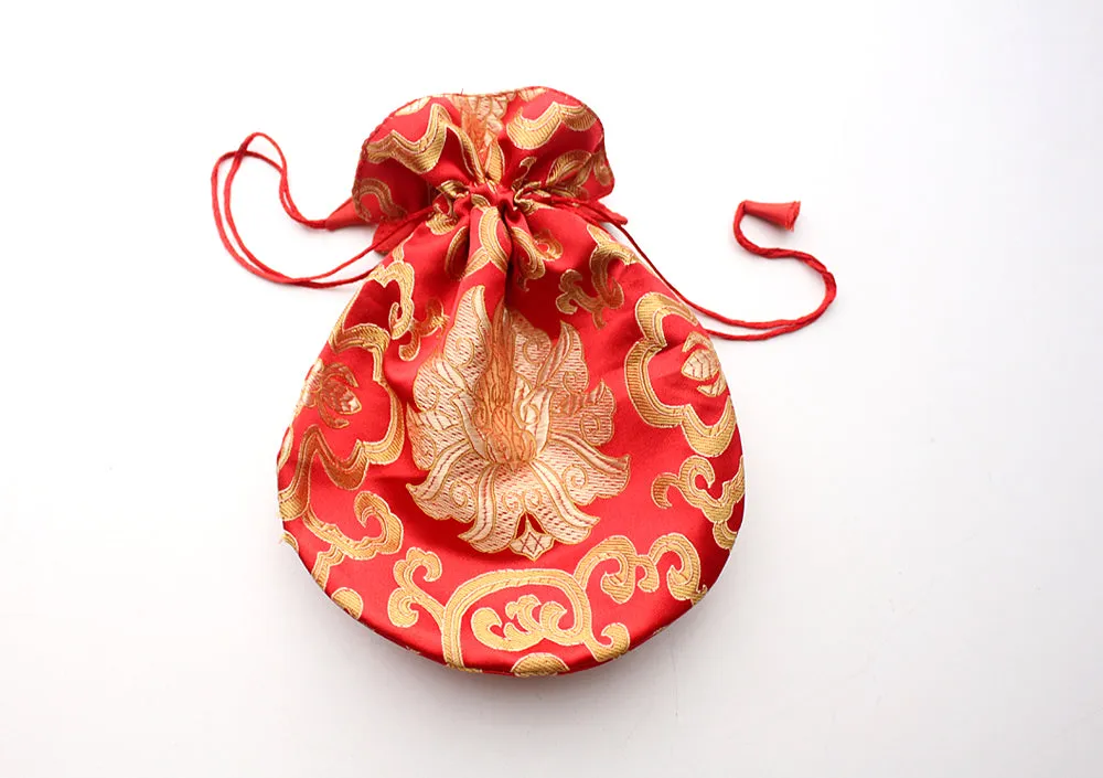 Large Hongkong Silk Drawstring Pouch with Lotus Floral Motifs, Coin Pouch