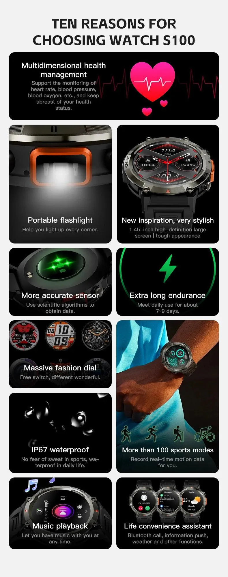 LEMFO Smartwatch With Flash Light 500Lumin S100 Men Women|Your Ultimate Fitness Companion