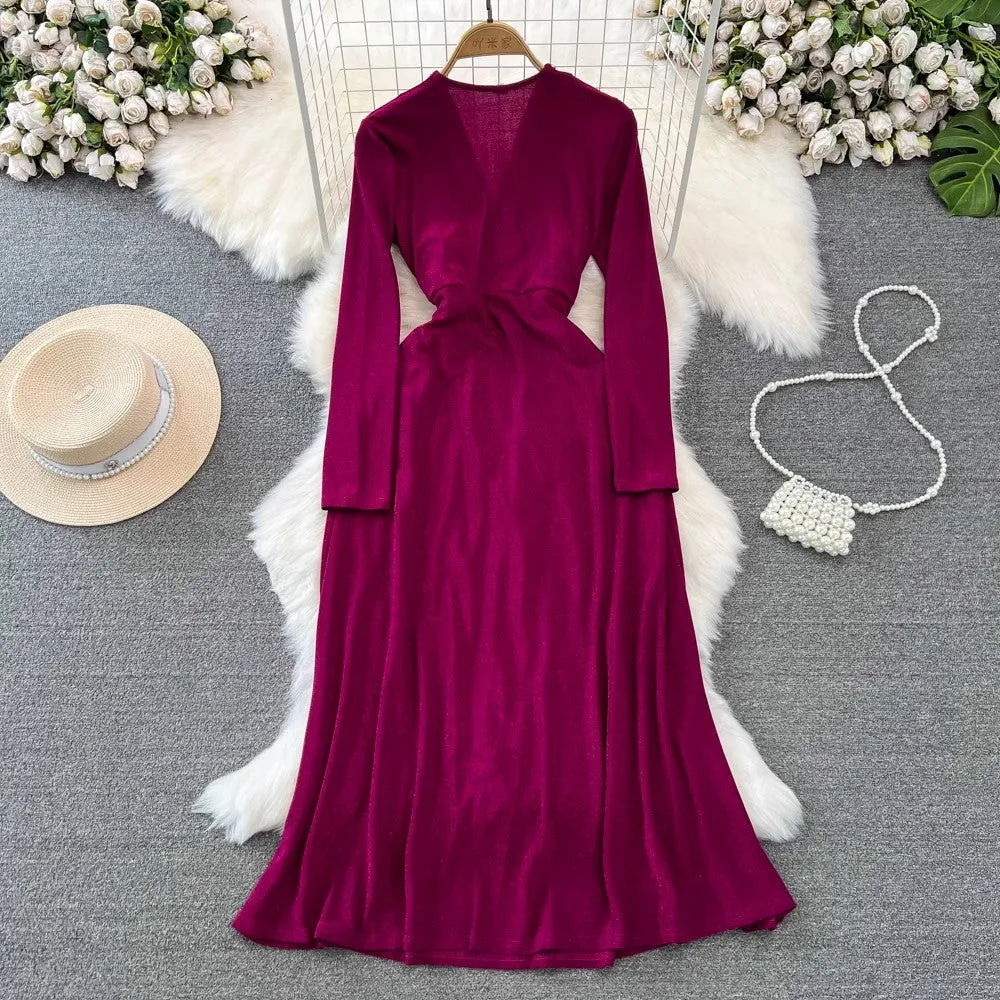 long-sleeved diamond-studded V-neck A-line dress elegant long skirt    S4089