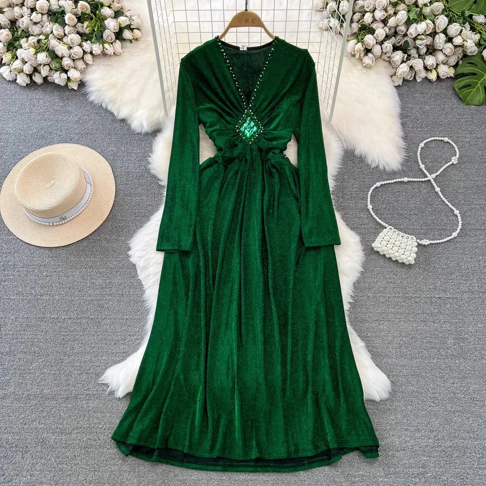 long-sleeved diamond-studded V-neck A-line dress elegant long skirt    S4089