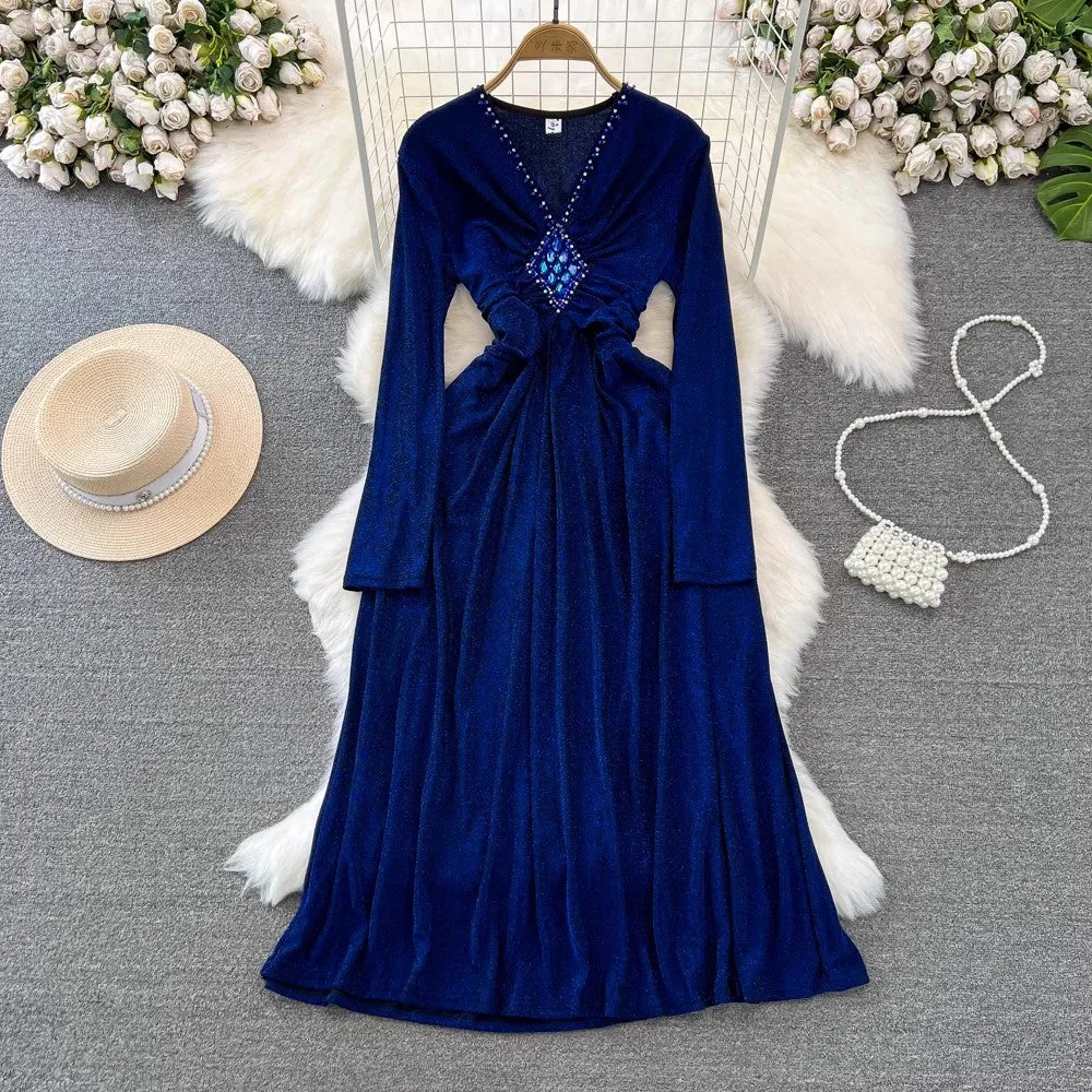 long-sleeved diamond-studded V-neck A-line dress elegant long skirt    S4089