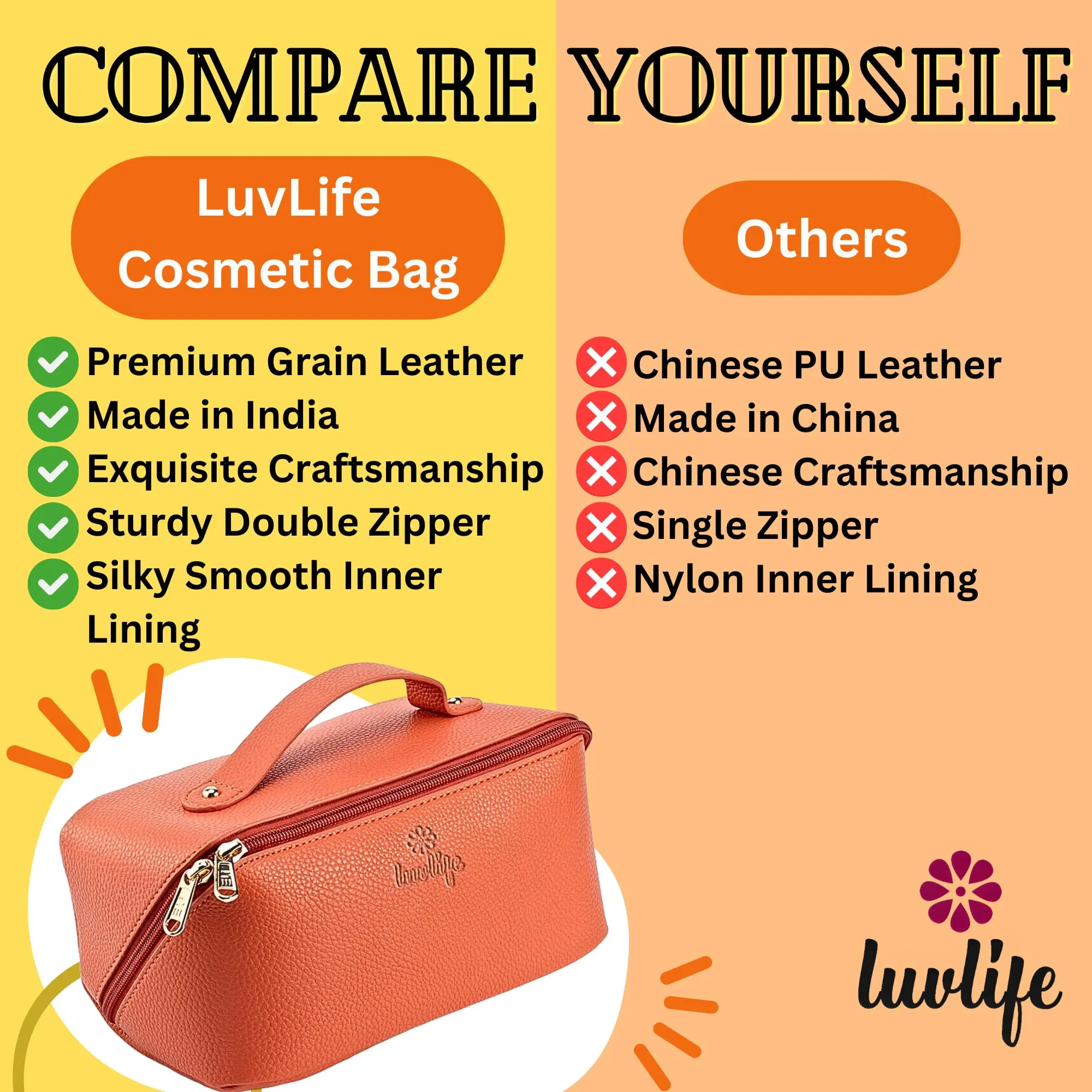 LuvLife Large Capacity Grain Leather Cosmetic Travel Bag for Women Girls, Portable Makeup Pouch, Wide Opening Makeup Organizer Washbag with Handle Divider Toiletry Bag for Storage FREE E-Book Included