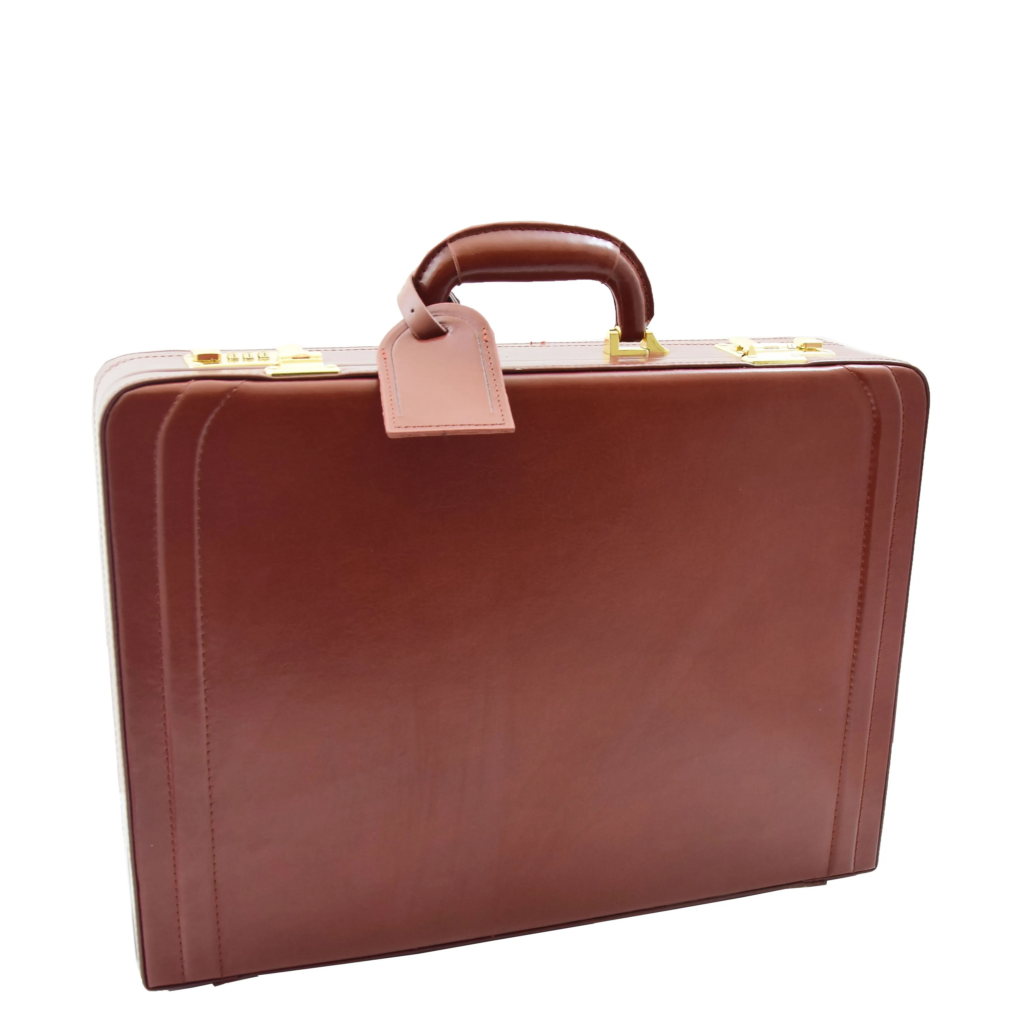 Mens Leather Attache Case Cognac Twin Lock Classic Briefcase - Musk