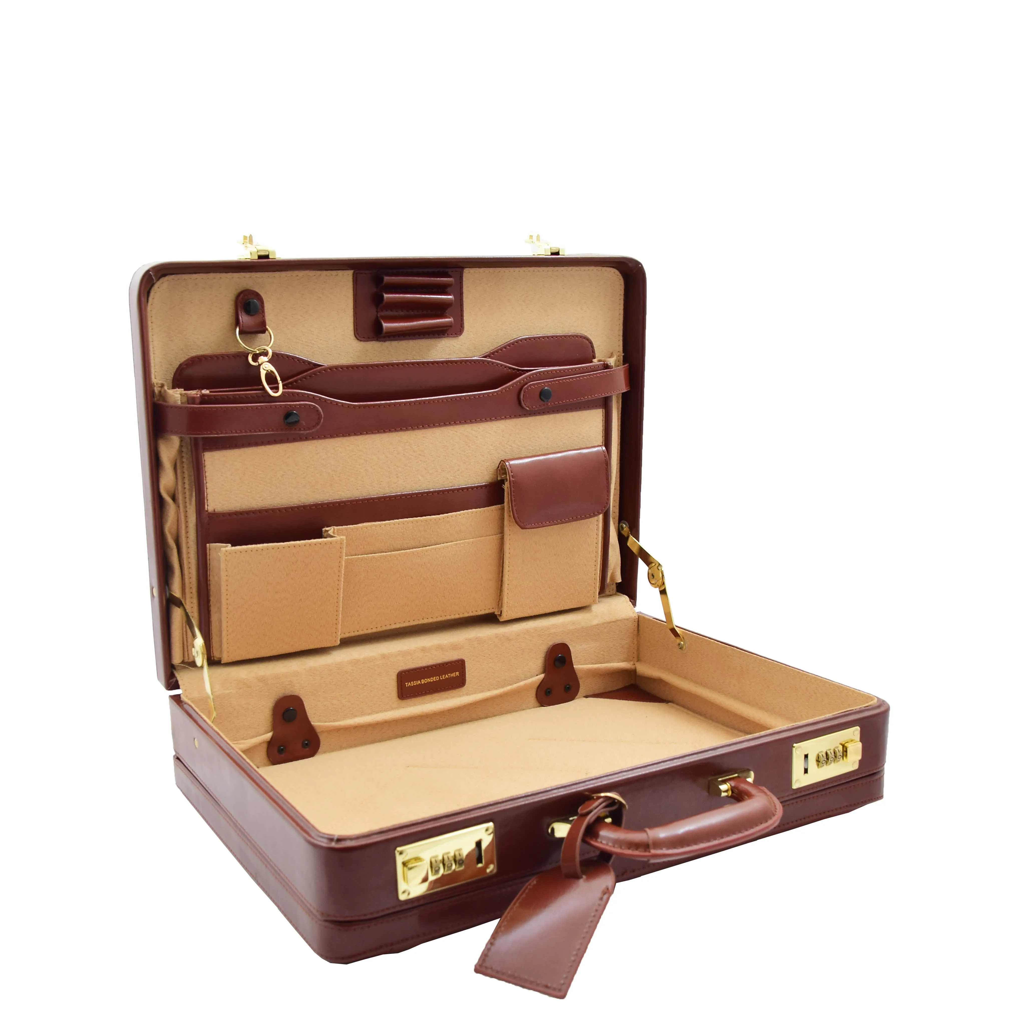 Mens Leather Attache Case Cognac Twin Lock Classic Briefcase - Musk