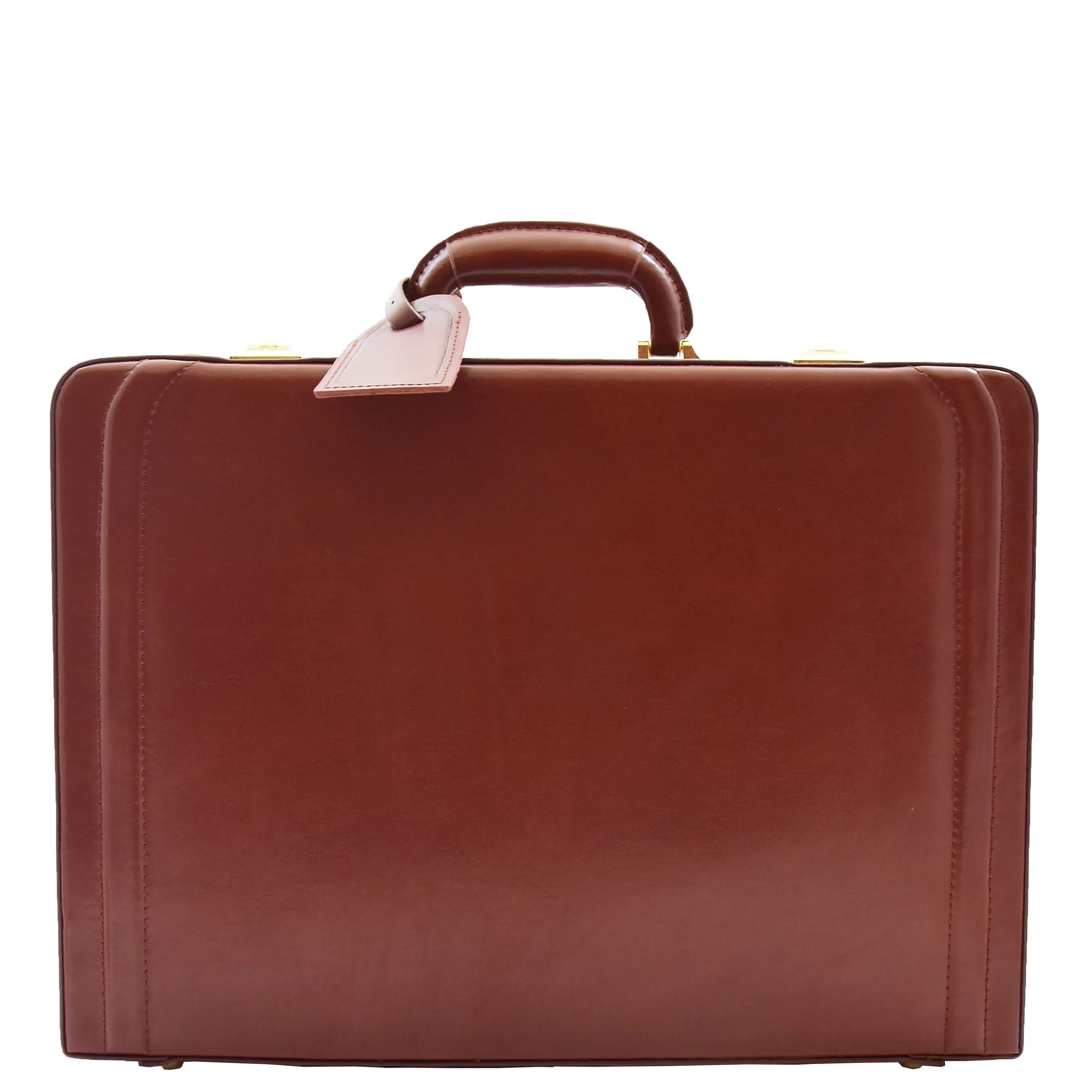 Mens Leather Attache Case Cognac Twin Lock Classic Briefcase - Musk