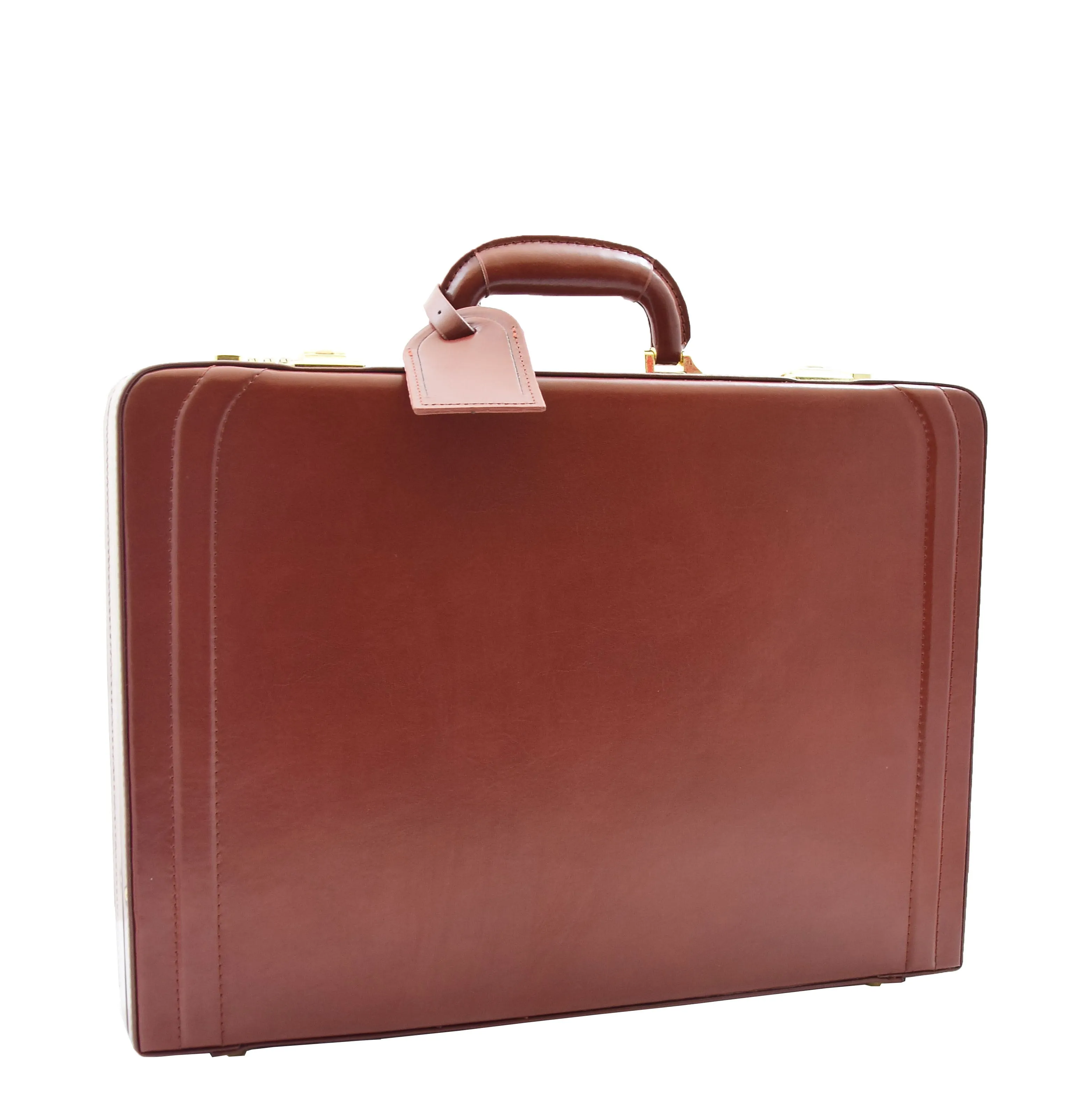 Mens Leather Attache Case Cognac Twin Lock Classic Briefcase - Musk