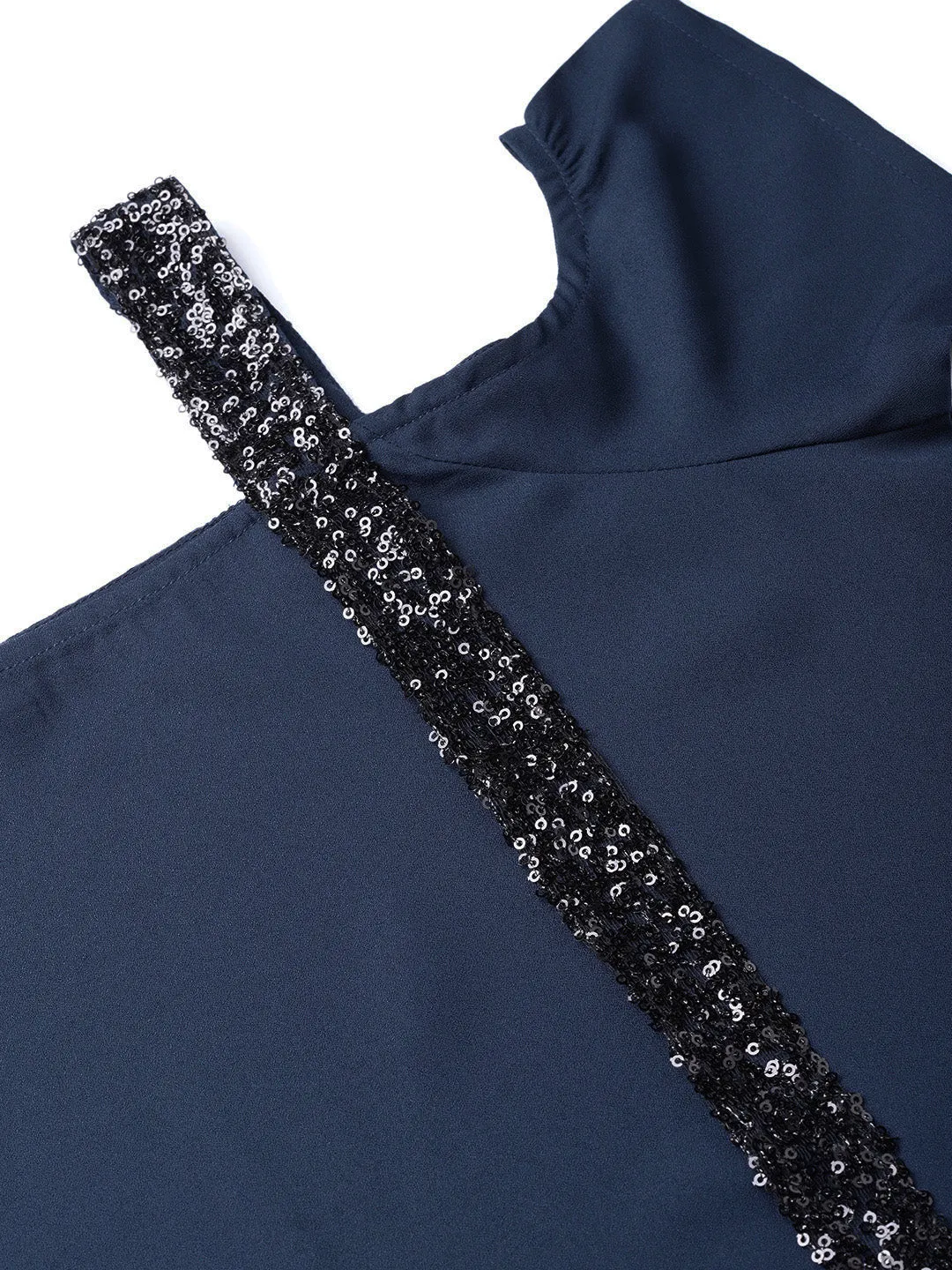 Navy Sequin One Shoulder Strap Top