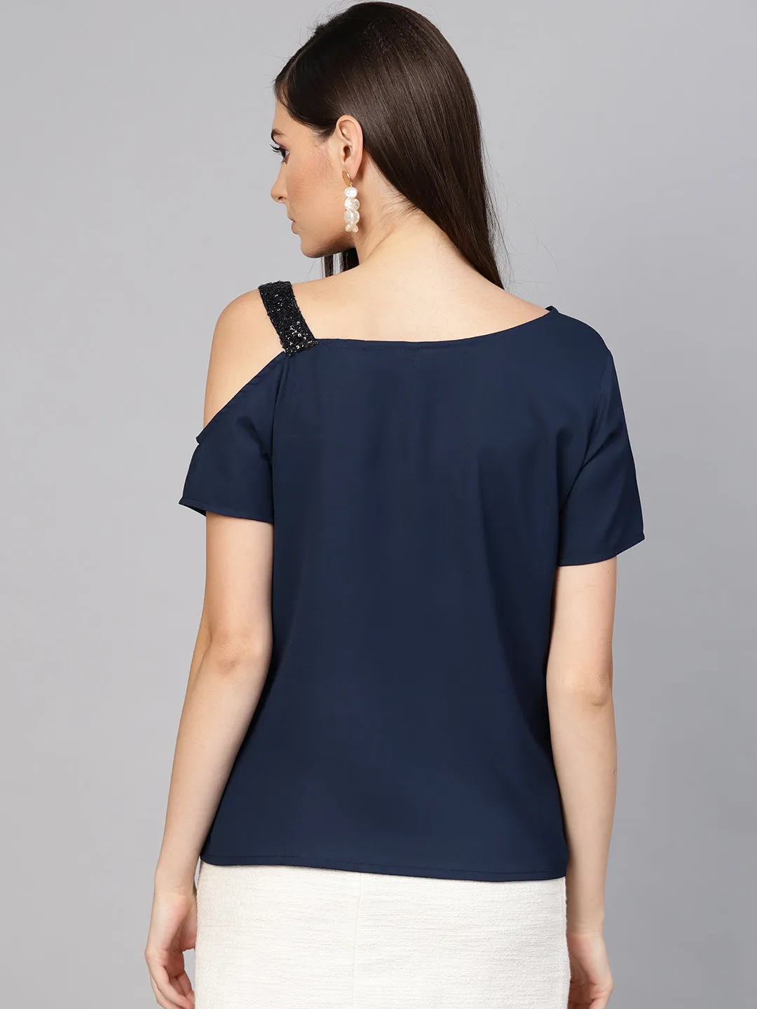 Navy Sequin One Shoulder Strap Top