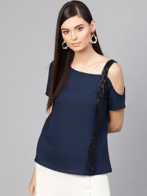 Navy Sequin One Shoulder Strap Top