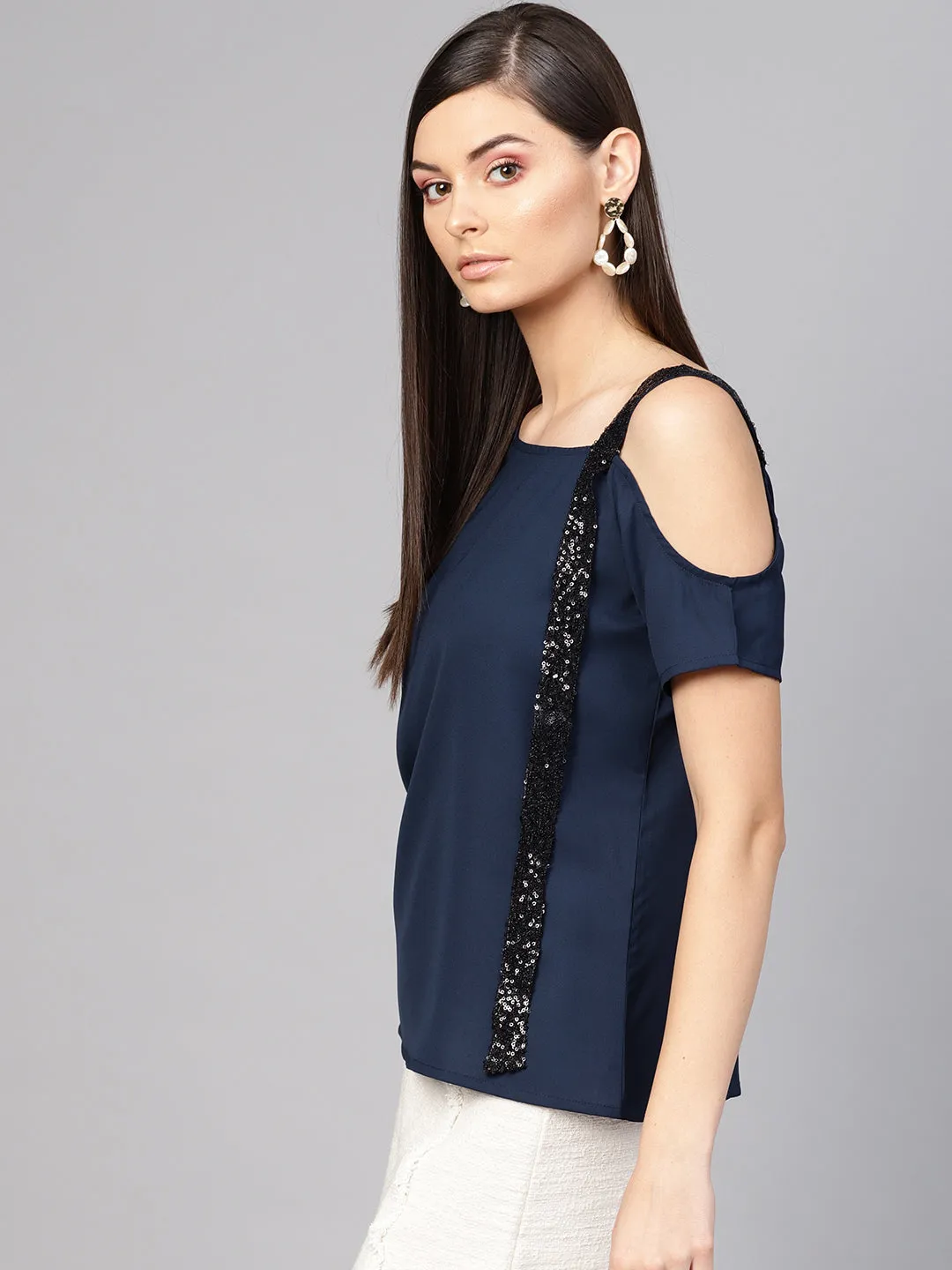 Navy Sequin One Shoulder Strap Top