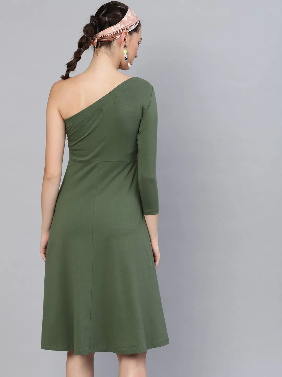 Olive One Shoulder Skater Midi Dress