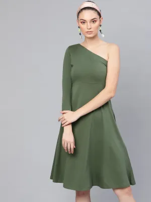 Olive One Shoulder Skater Midi Dress