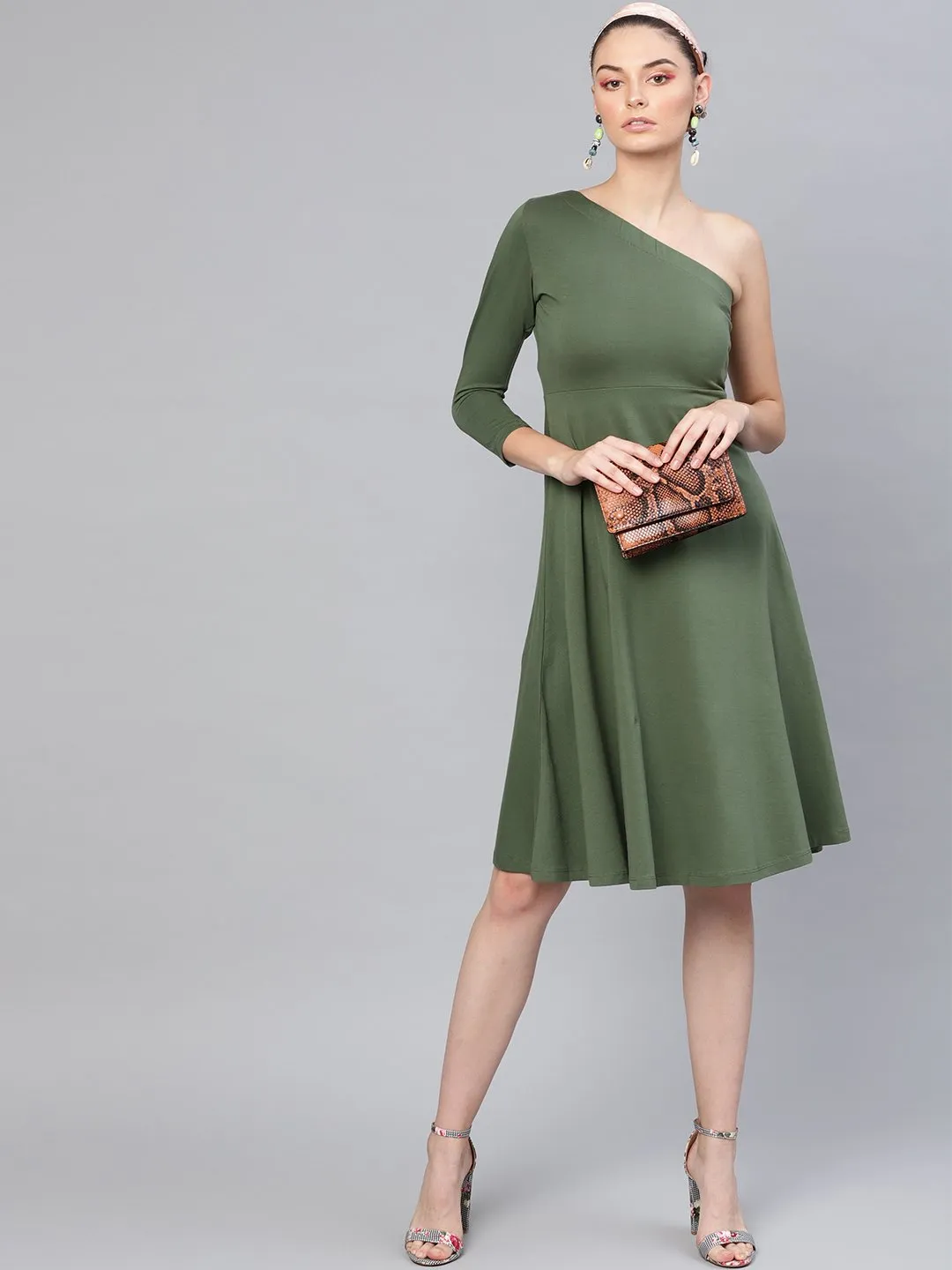 Olive One Shoulder Skater Midi Dress