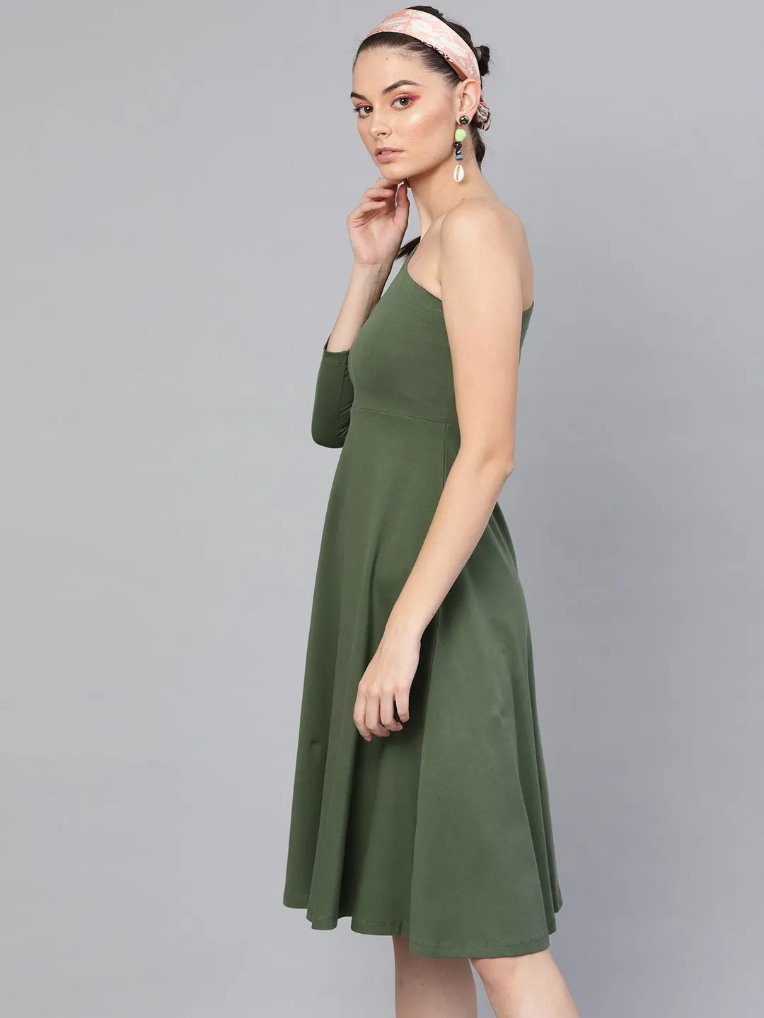 Olive One Shoulder Skater Midi Dress