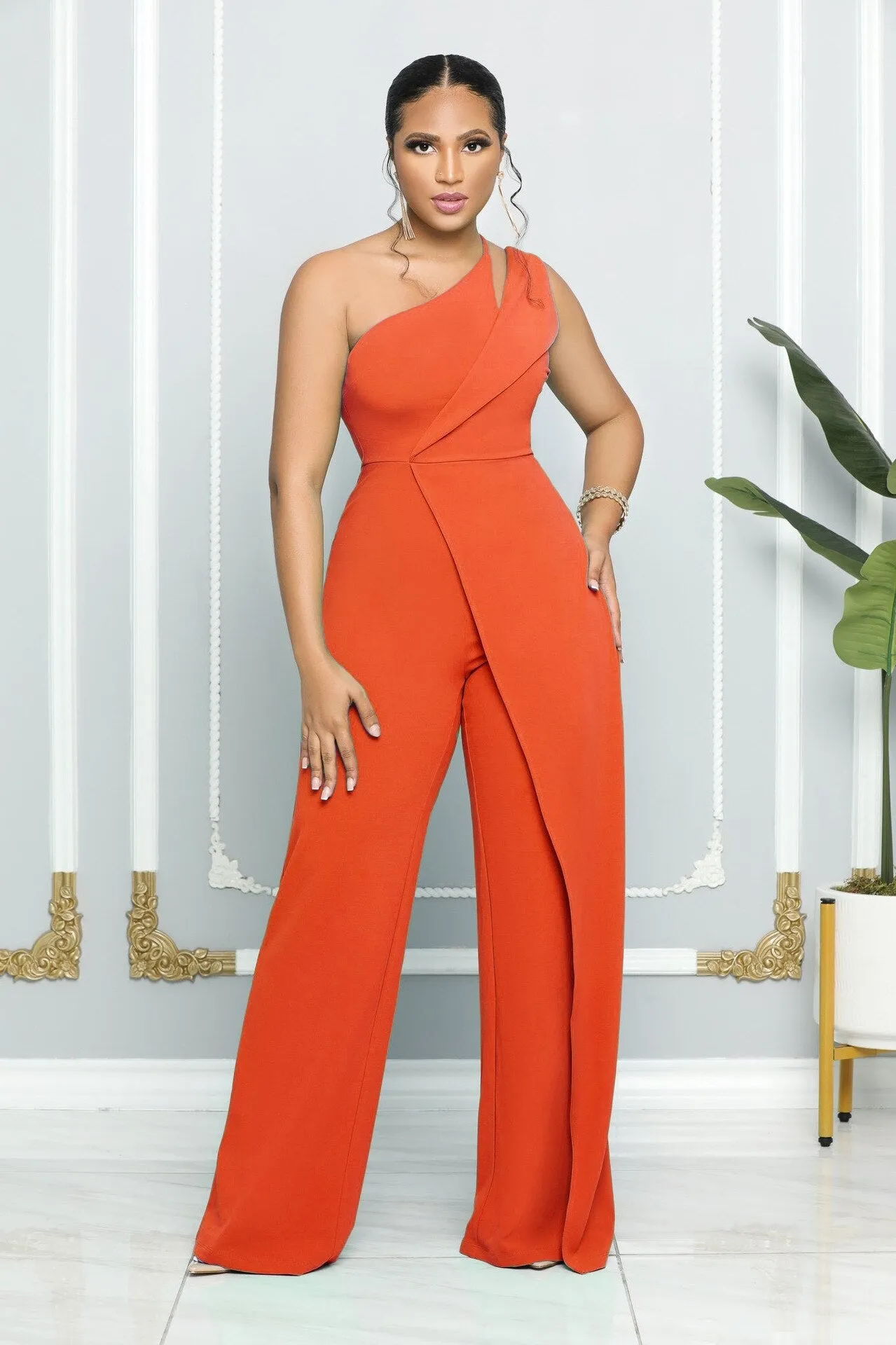 One Shoulder Sleeveless Wide Leg Solid Elegant Jumpsuits