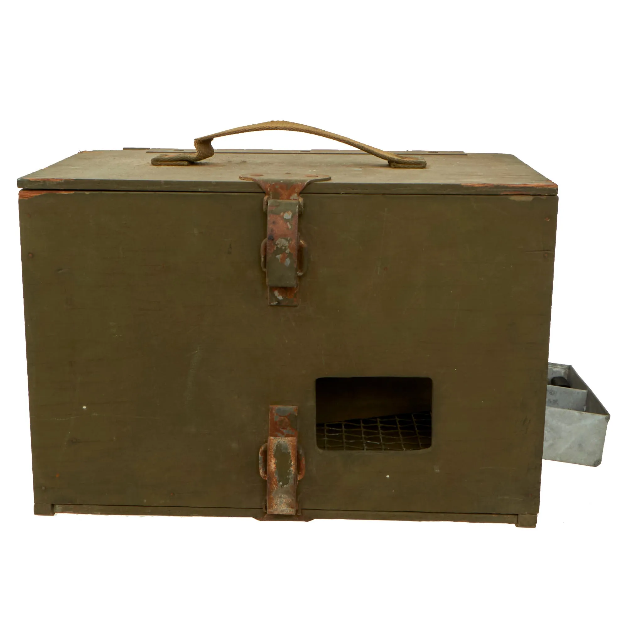 Original U.S. WWII Army Messenger Pigeon PG-102/CB Wooden Carrier with Message Books, PG-67 Message Capsules, Vest and (3) Wooden Decoys - A.A.F. Tank Museum