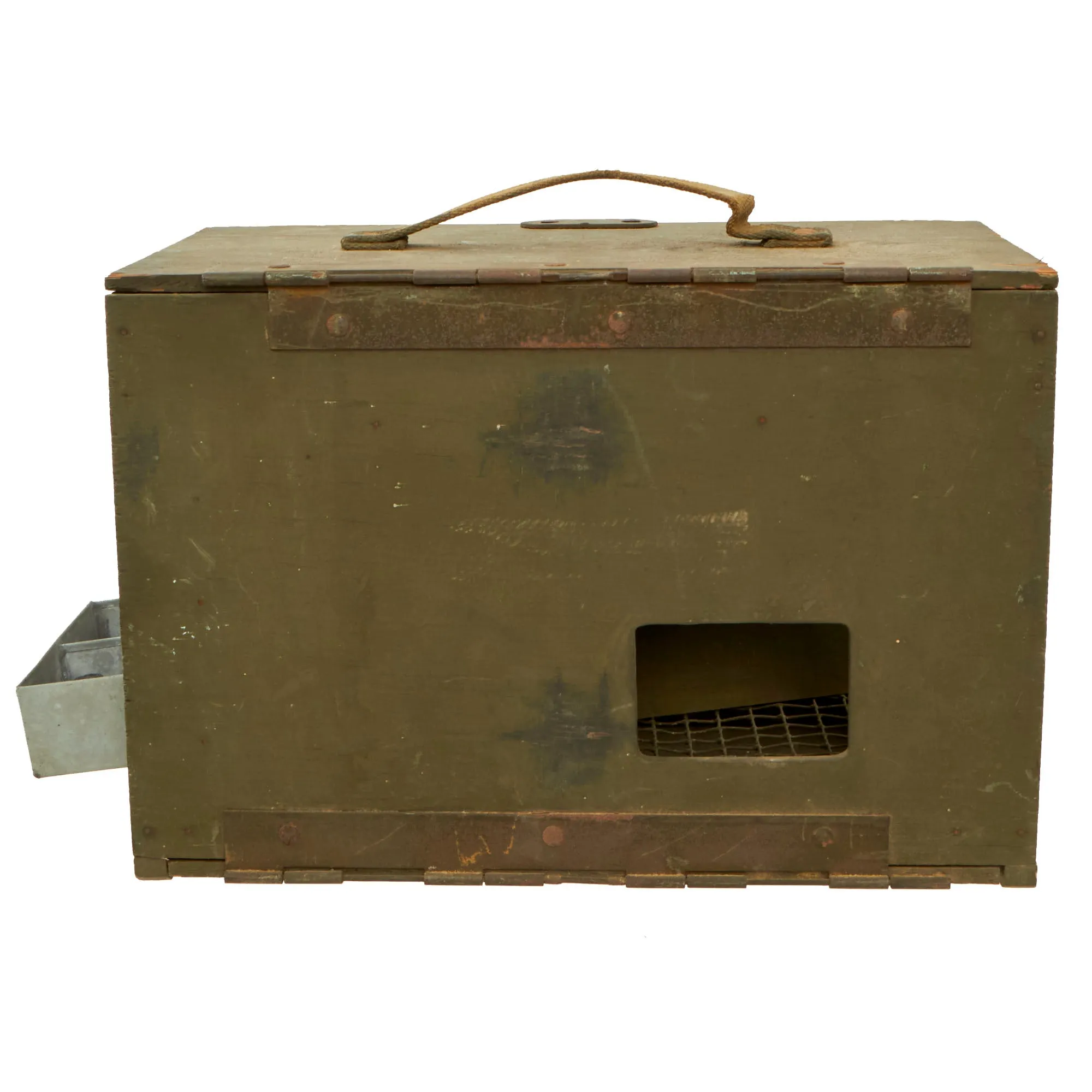 Original U.S. WWII Army Messenger Pigeon PG-102/CB Wooden Carrier with Message Books, PG-67 Message Capsules, Vest and (3) Wooden Decoys - A.A.F. Tank Museum