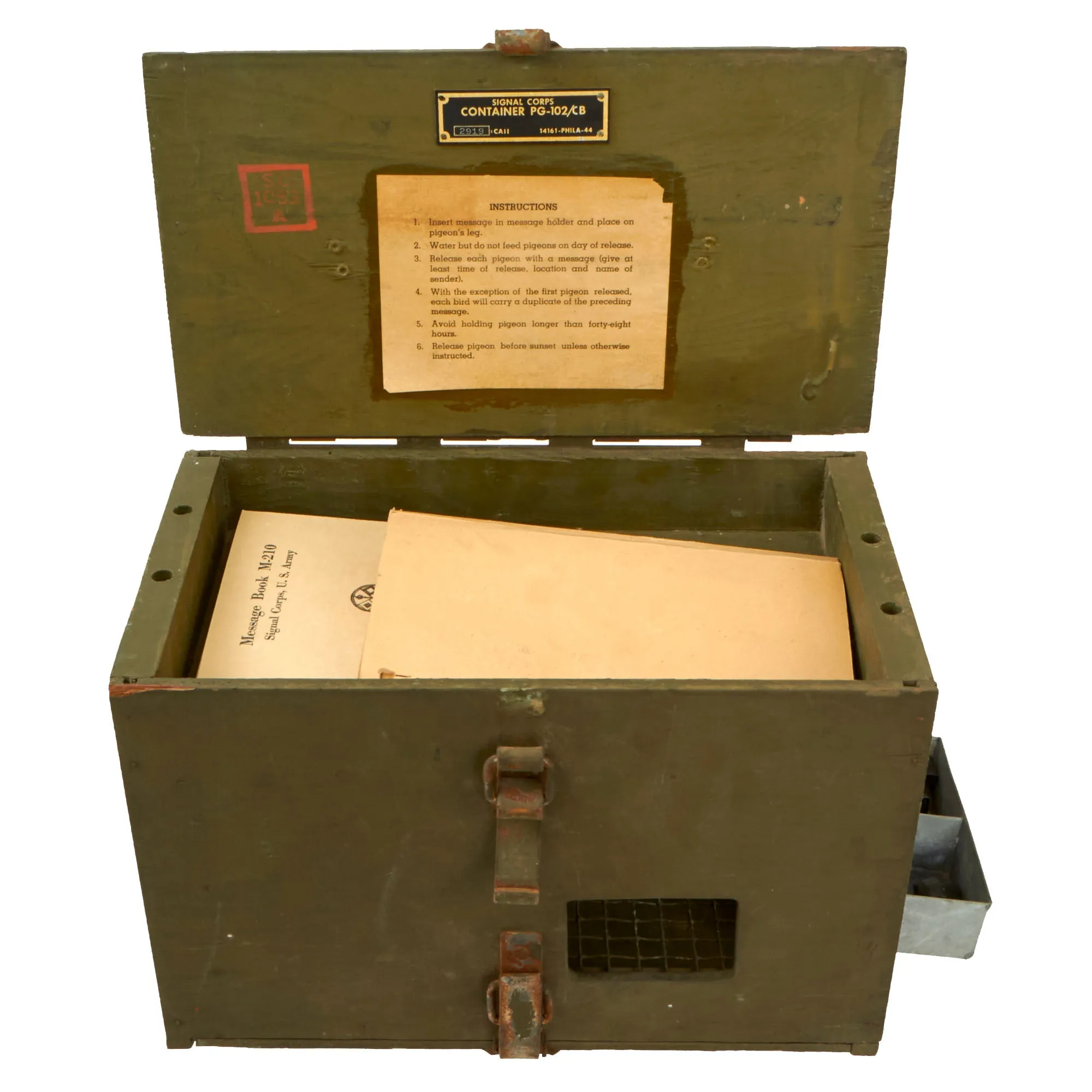 Original U.S. WWII Army Messenger Pigeon PG-102/CB Wooden Carrier with Message Books, PG-67 Message Capsules, Vest and (3) Wooden Decoys - A.A.F. Tank Museum