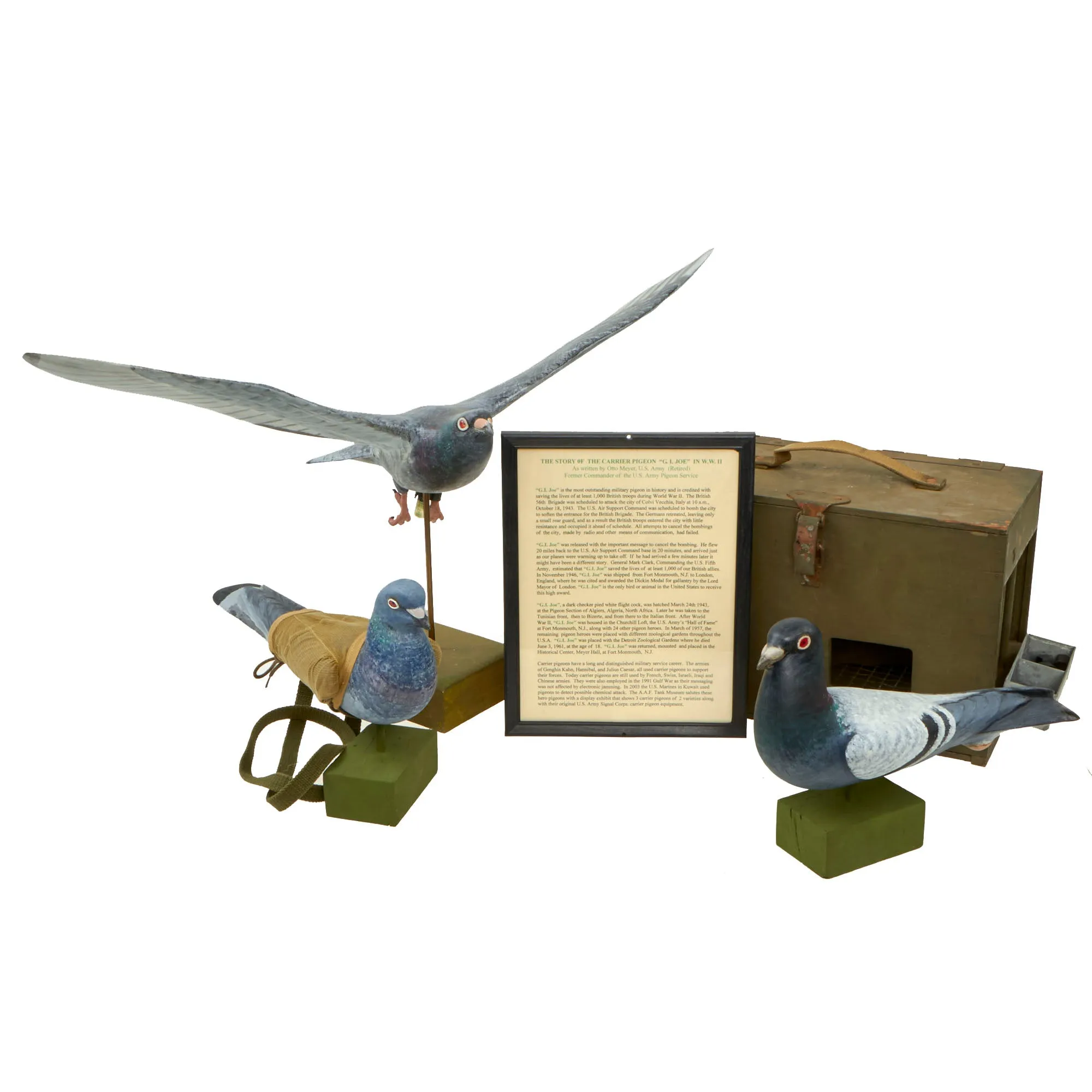 Original U.S. WWII Army Messenger Pigeon PG-102/CB Wooden Carrier with Message Books, PG-67 Message Capsules, Vest and (3) Wooden Decoys - A.A.F. Tank Museum